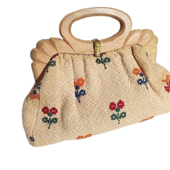 1930s Deco Vintage Tan Flowered Fabric Handbag With A Carved Wood Handle Paris - Picture 3 of 6